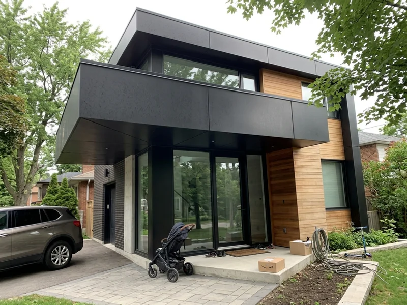 Cantilevered second storey over a glass entry in Bronte