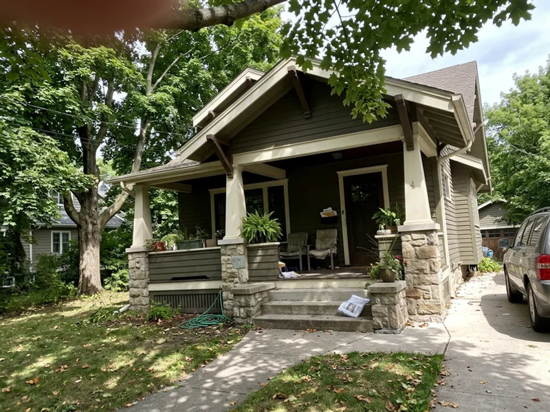 Craftsman custom home with a deep timber porch under mature maples in Roseland, Burlington