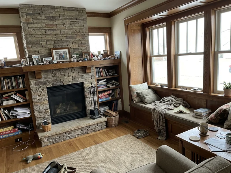 Craftsman interior with oak trim and stone fireplace