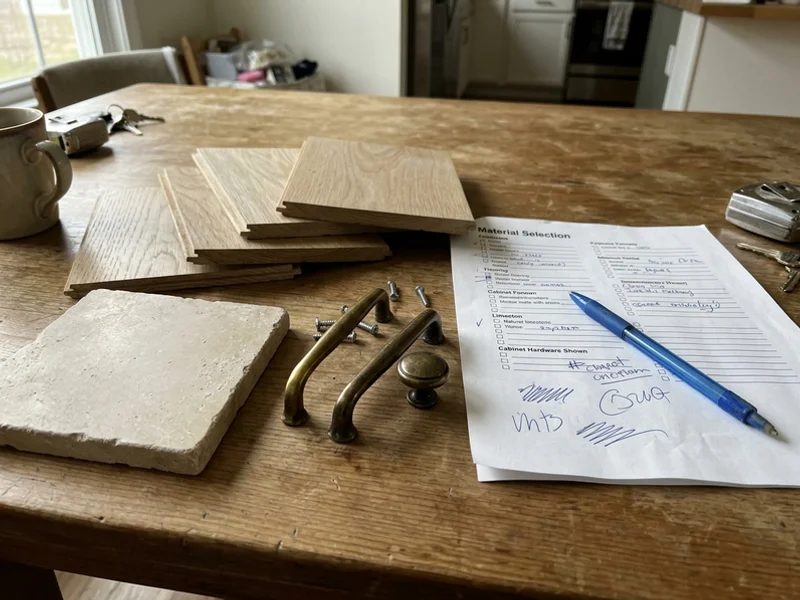 Finish selection samples of oak, limestone and brass
