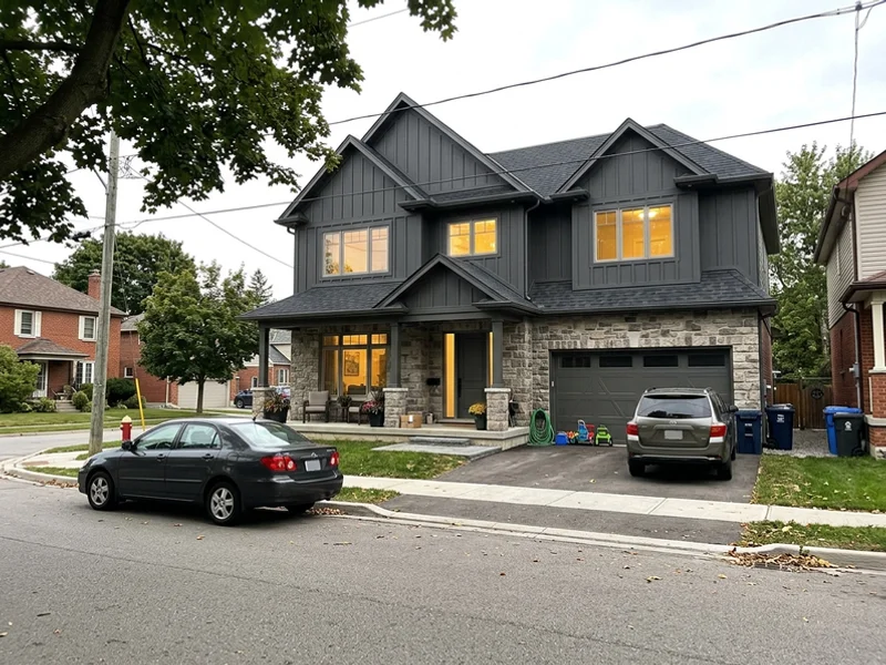 Finished transitional custom home in Palmer at dusk
