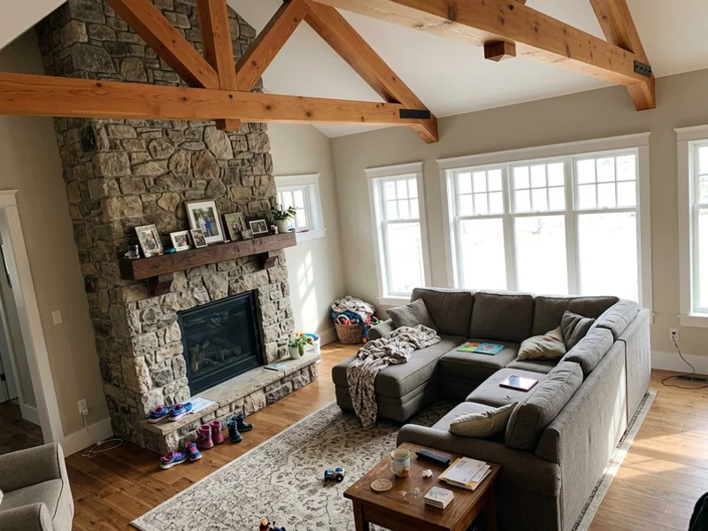 Great room with timber trusses in an Ancaster Craftsman