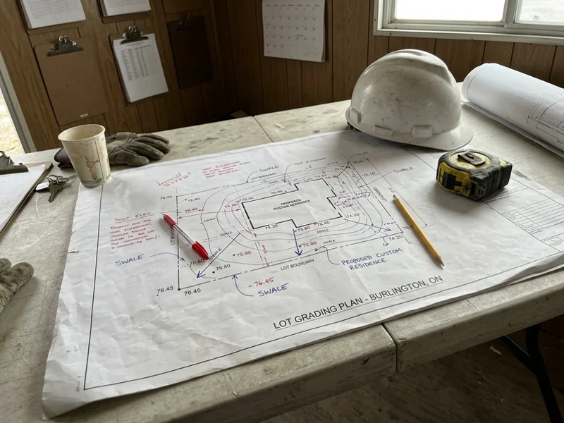 Lot grading plan with drainage swales for an infill home