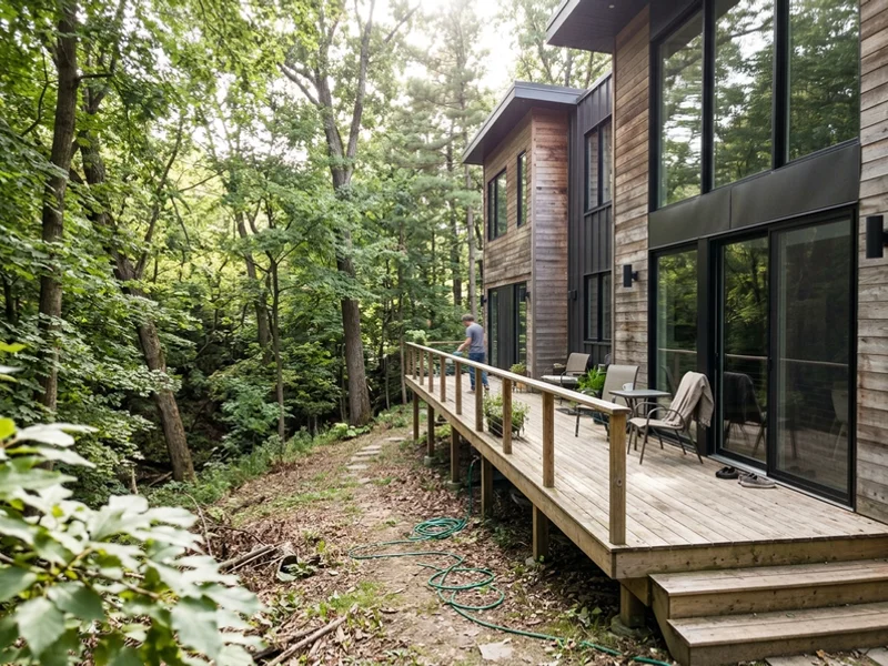 Modern home set back from a creek valley with glazing toward the ravine