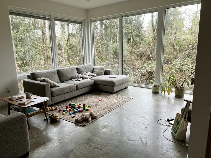 Modern living room with polished concrete and triple-pane windows