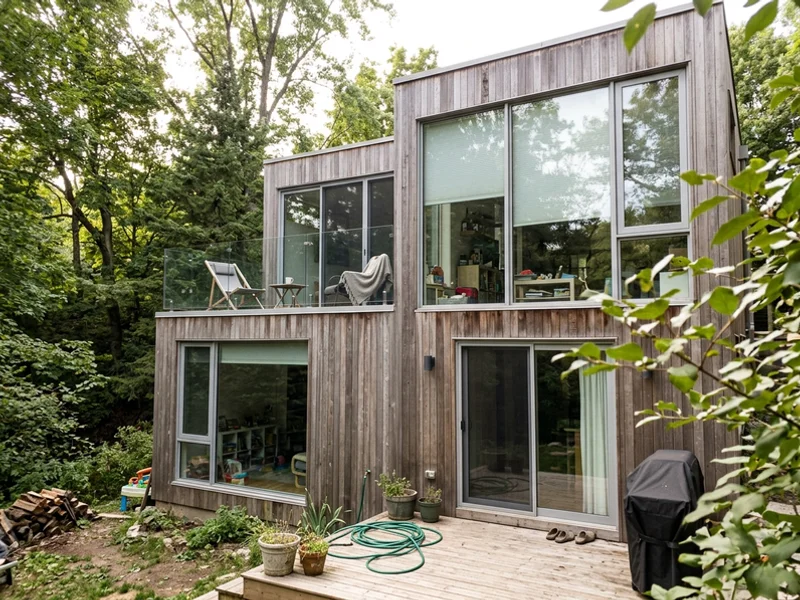 Modern custom home with cedar siding and large glazing facing the Grindstone Creek valley in Aldershot