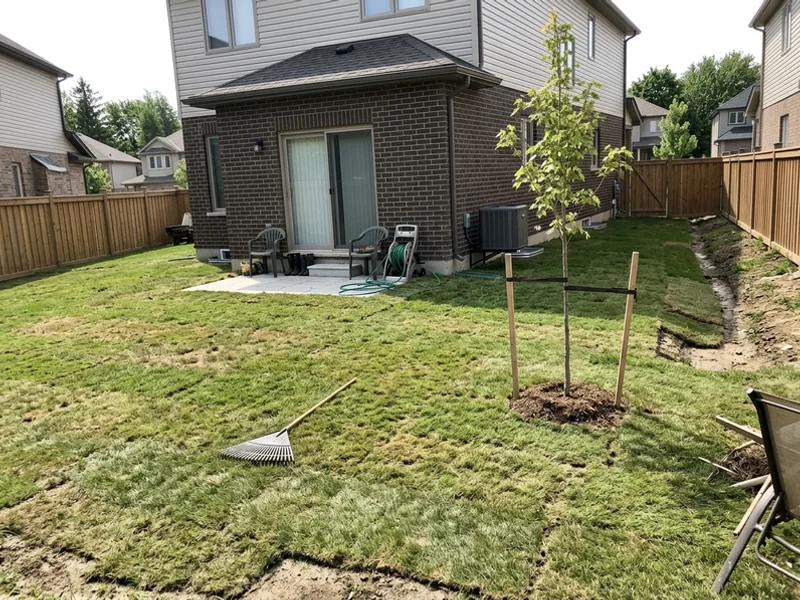 Rear yard of a new custom home with final grading and new sod