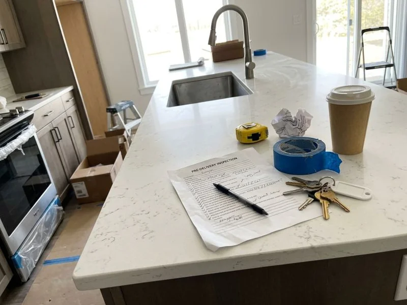 PDI checklist and keys on a finished kitchen island