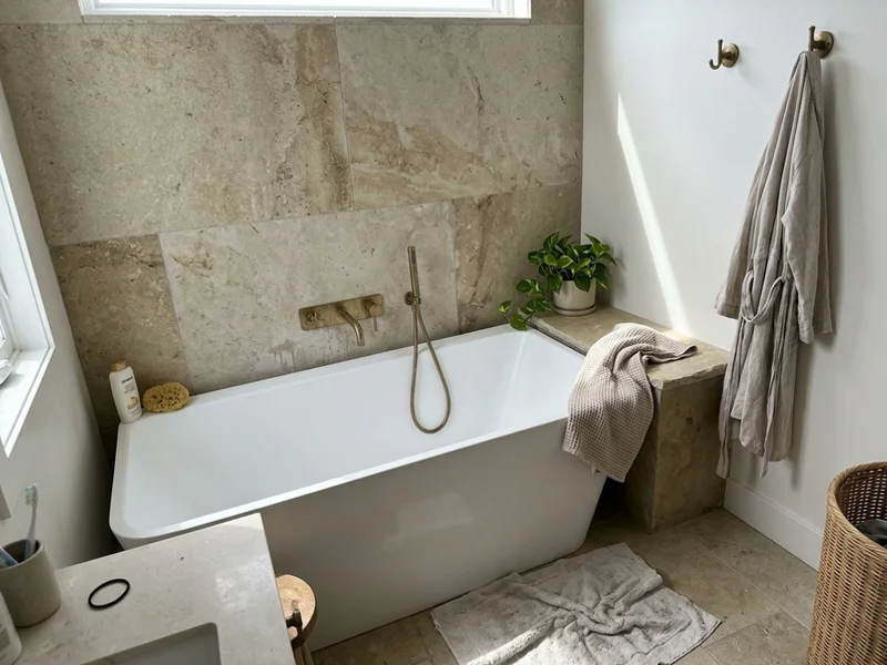 Limestone primary ensuite with brass fixtures