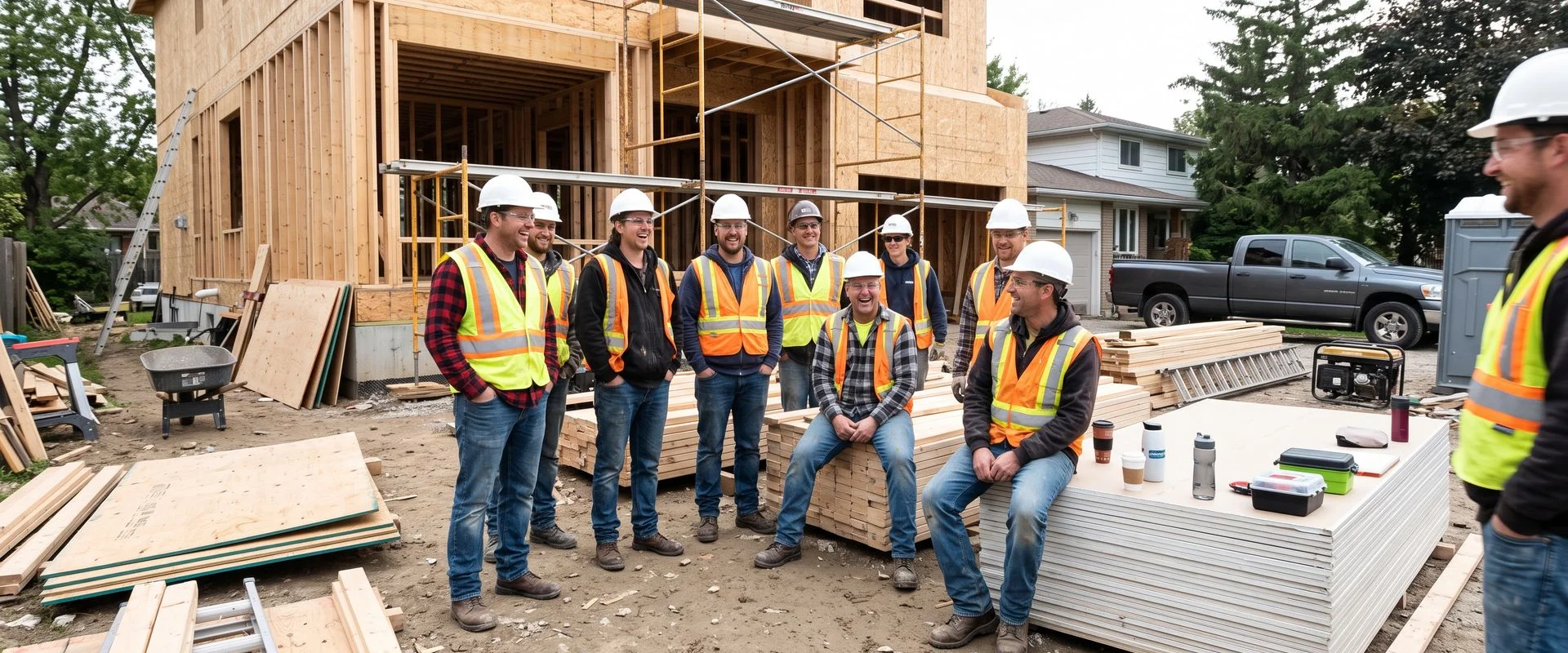Our Burlington crew in hard hats in front of a framed custom home