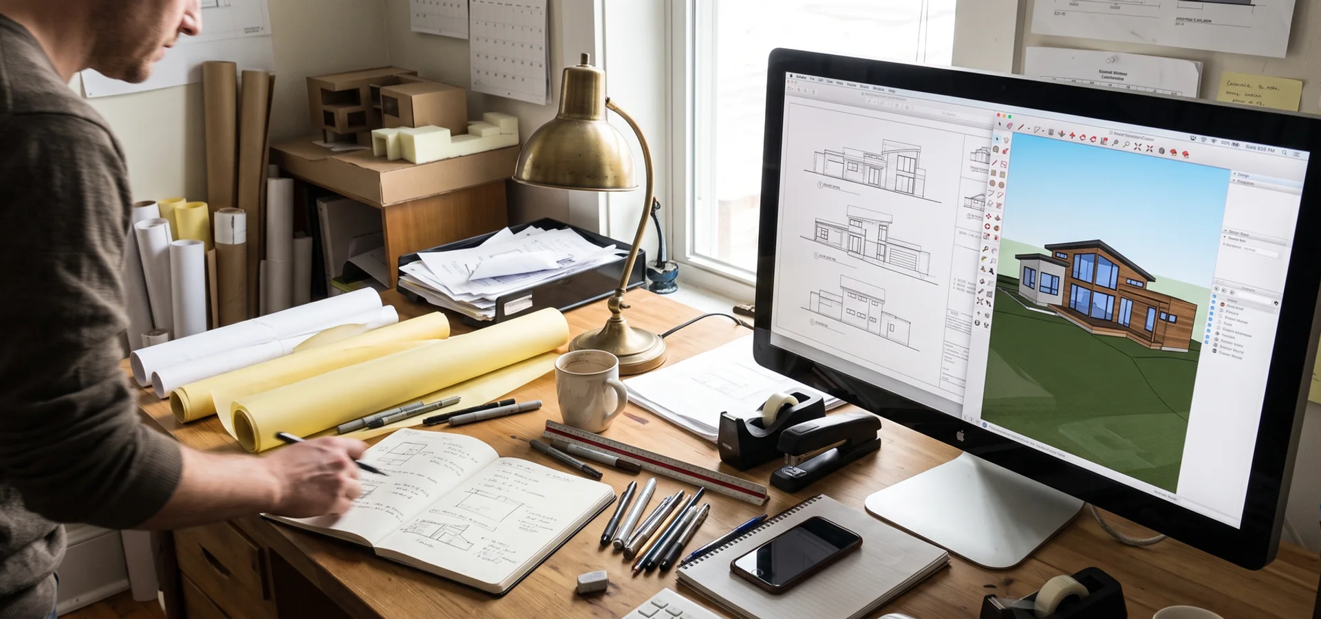 Architectural elevations and 3D rendering of a custom home in our design studio