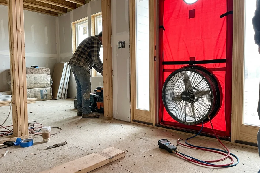 Blower-door airtightness test on a custom home under construction
