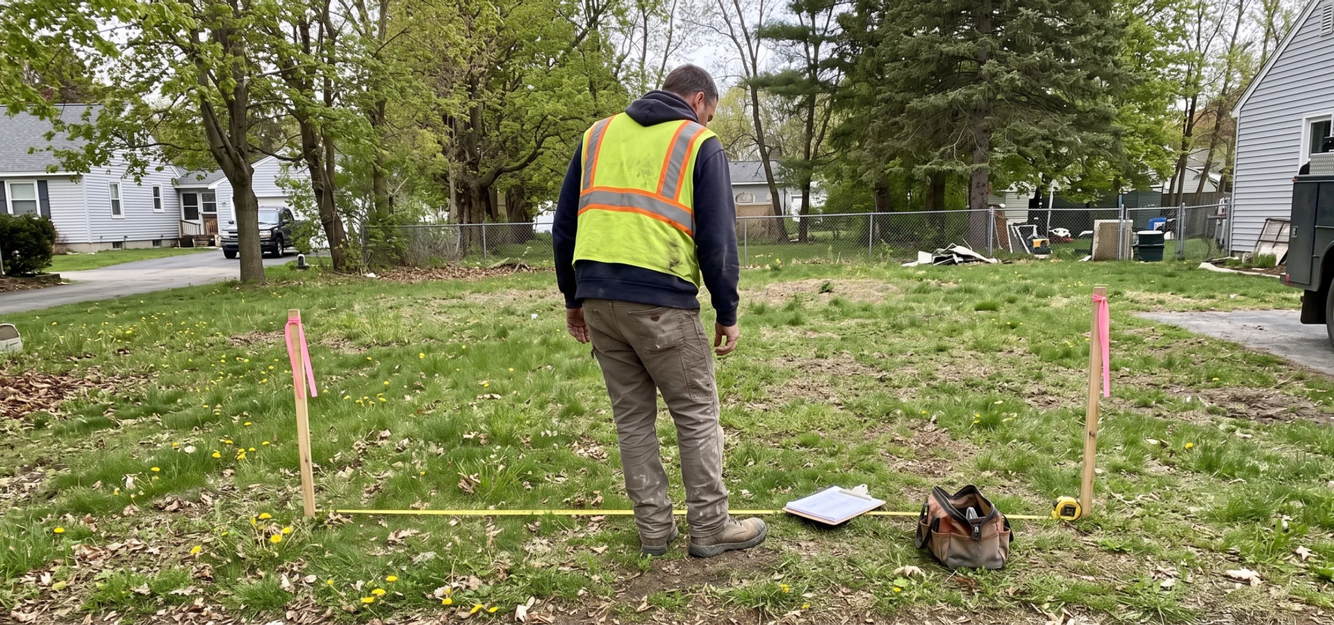 Measuring setbacks with survey stakes on an empty Burlington lot