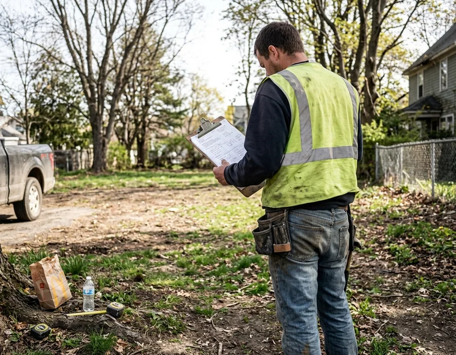 Reviewing a lot survey and setback notes on an empty Burlington lot