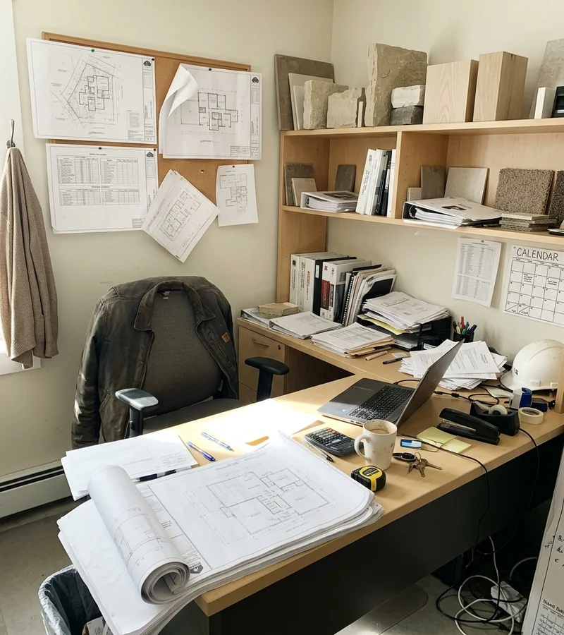 Our Burlington office with drawing sets and limestone and white oak samples