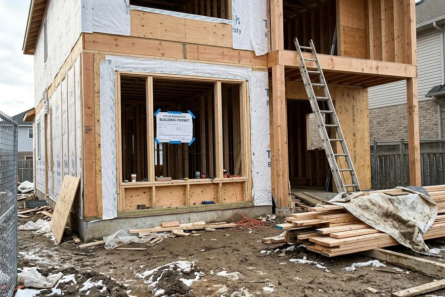 Building permit card posted on a custom home under construction in Burlington