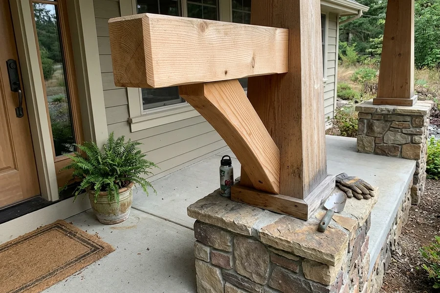 Douglas fir timber bracket and tapered porch column on a stone base