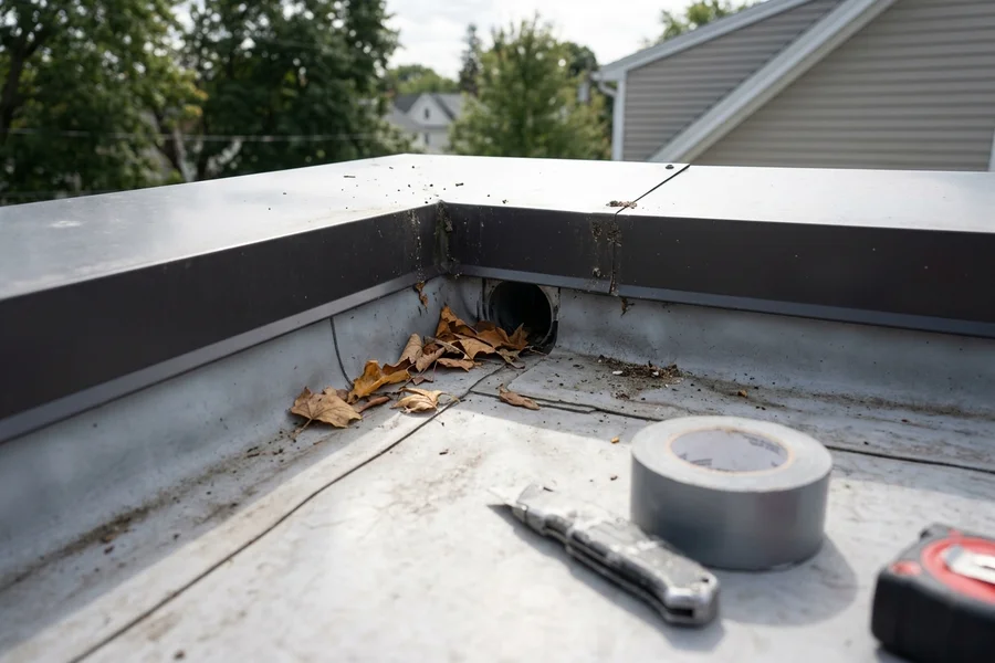 Low-slope roof membrane and drainage detail on a modern Burlington home