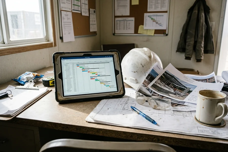 Construction schedule with milestone dates and site photos on a tablet