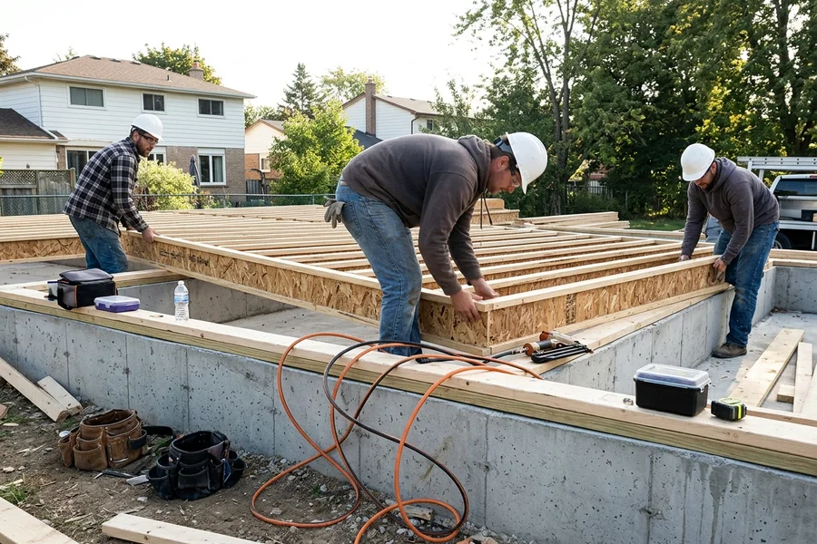 Crew setting engineered floor joists on a new custom home foundation in Burlington