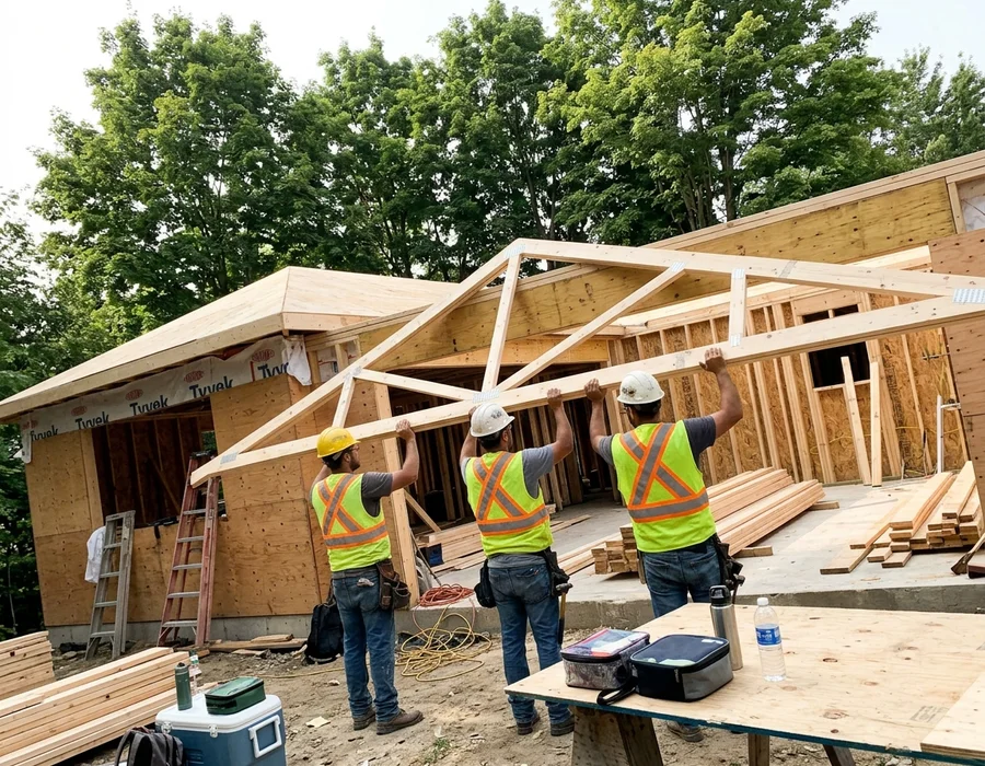 Crew setting roof trusses on a Burlington custom home