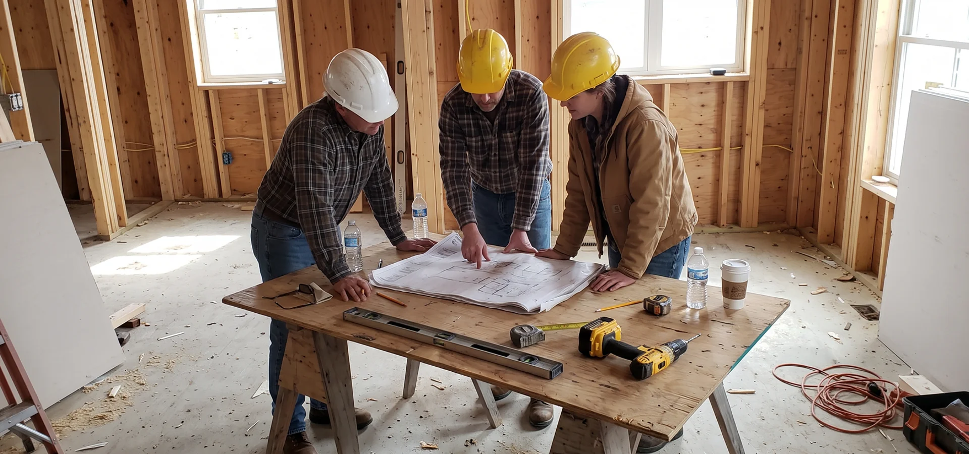 Design-build team reviewing drawings inside a framed custom home in Burlington