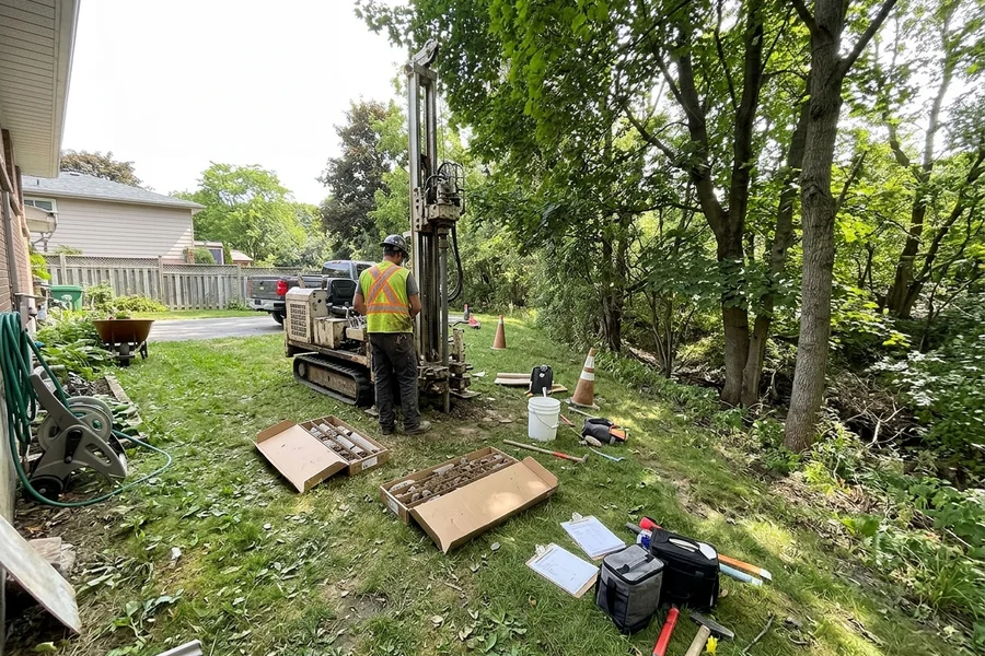 Geotechnical drilling for a slope stability study near a ravine edge in Tyandaga