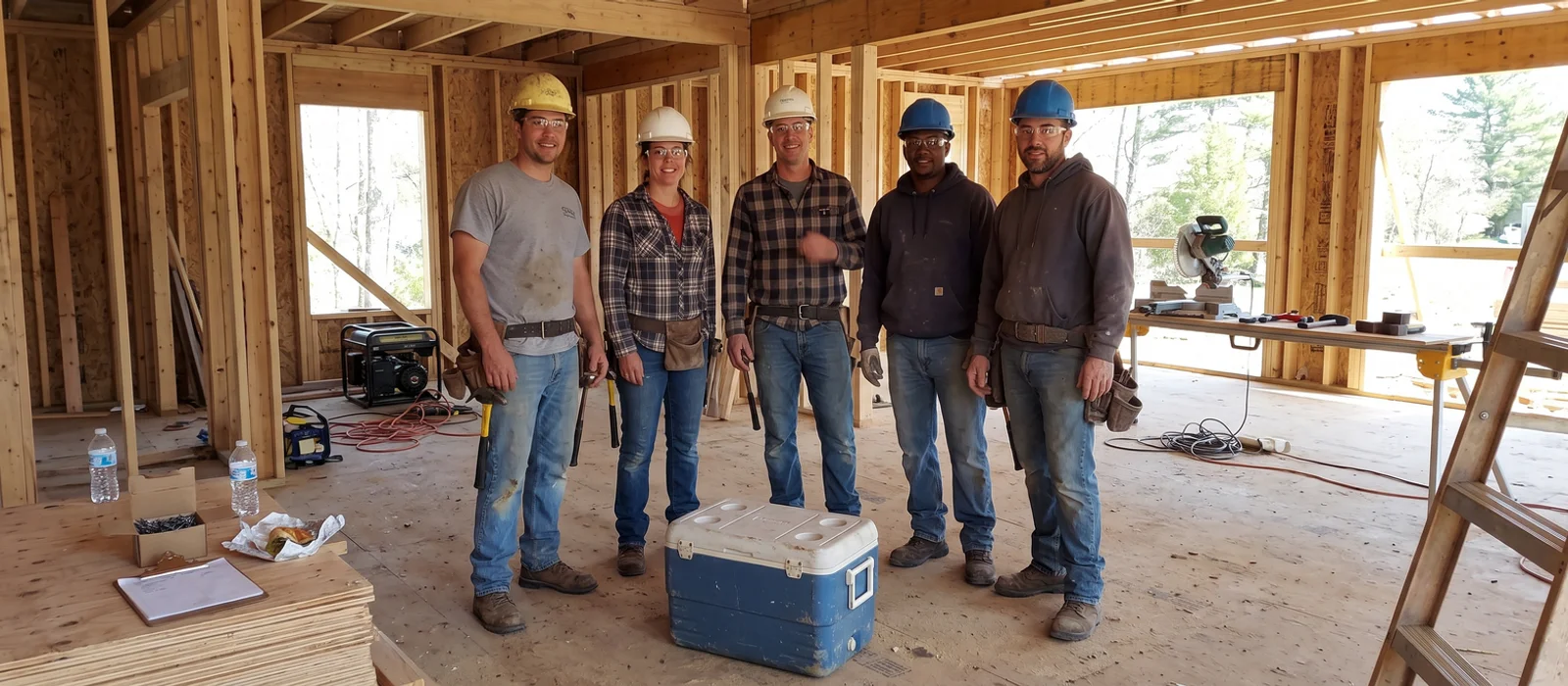 Our building crew on the subfloor of a framed Burlington custom home