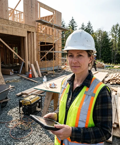 Carlos Mendes, Senior Project Manager, beside a timber-framed custom home