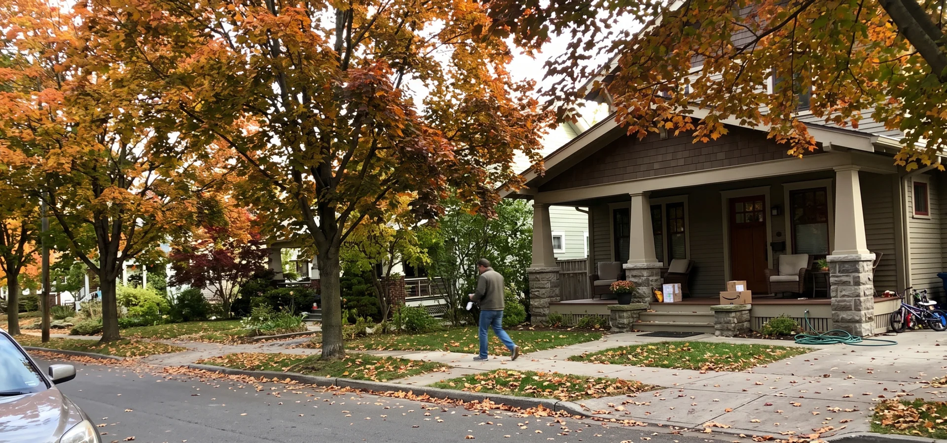 Mature maple canopy over a quiet Roseland street with a Craftsman home