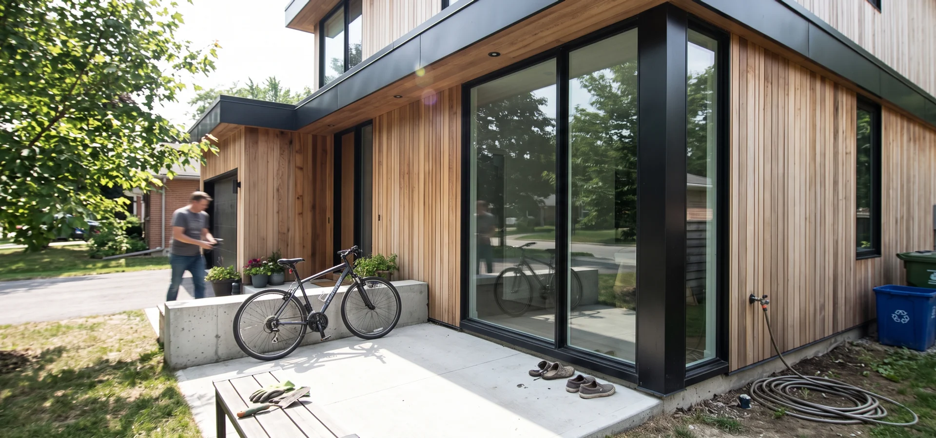 Modern flat-roof custom home with cedar and blackened steel in Aldershot at dusk