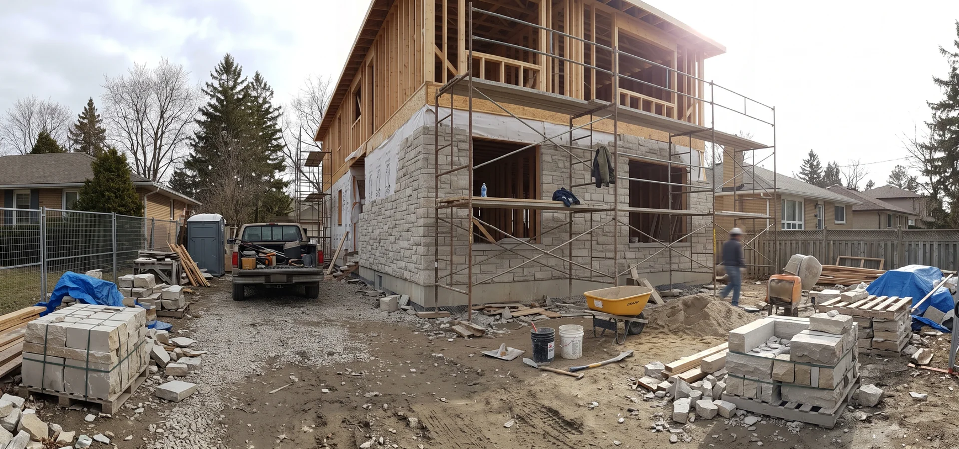 New custom home under construction on a Burlington infill lot with framing complete and stone cladding underway