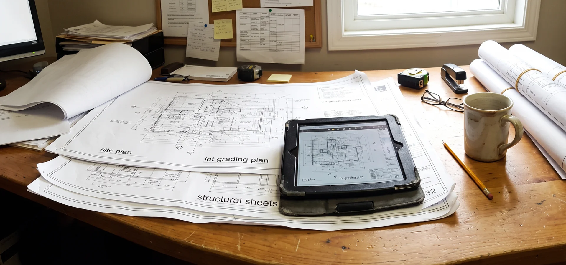 Permit drawing set with site plan and grading plan on a desk in our Burlington office