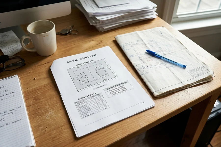 Written lot evaluation report with setback envelope diagram and budget range