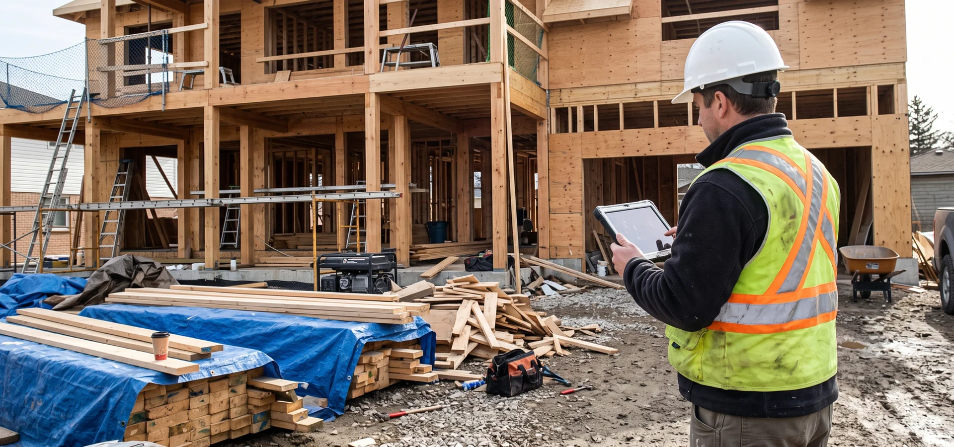 Project manager with a tablet beside a timber-framed custom home in Burlington