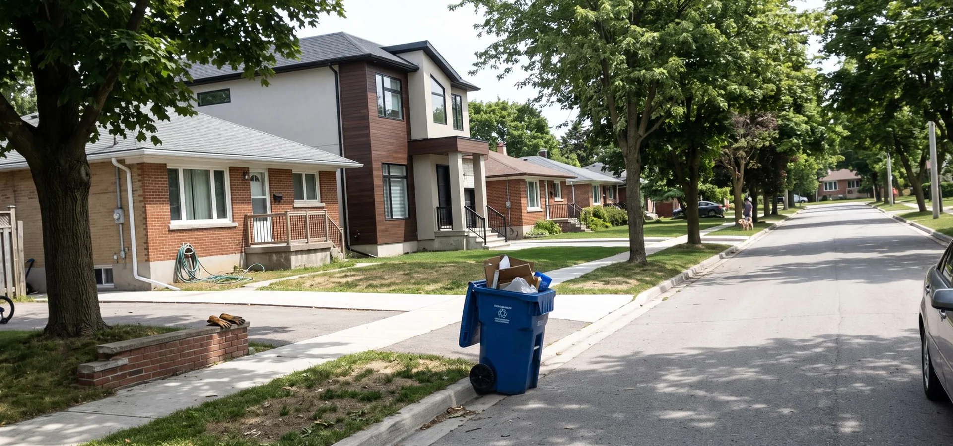 Tree-lined Aldershot street with a new custom home beside post-war bungalows