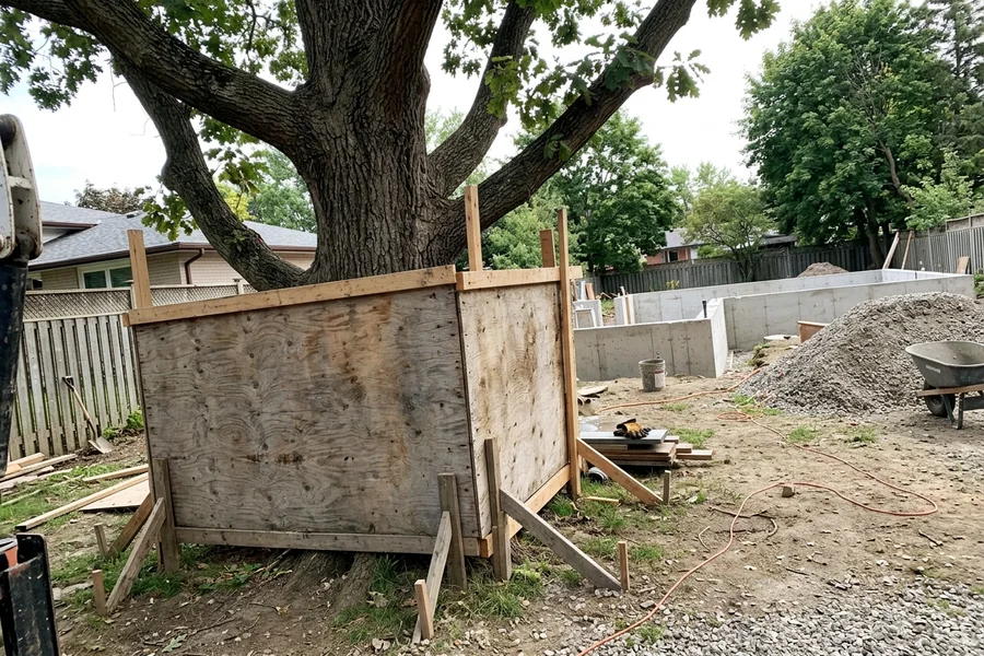 Tree protection hoarding around a mature oak on a South Oakville site
